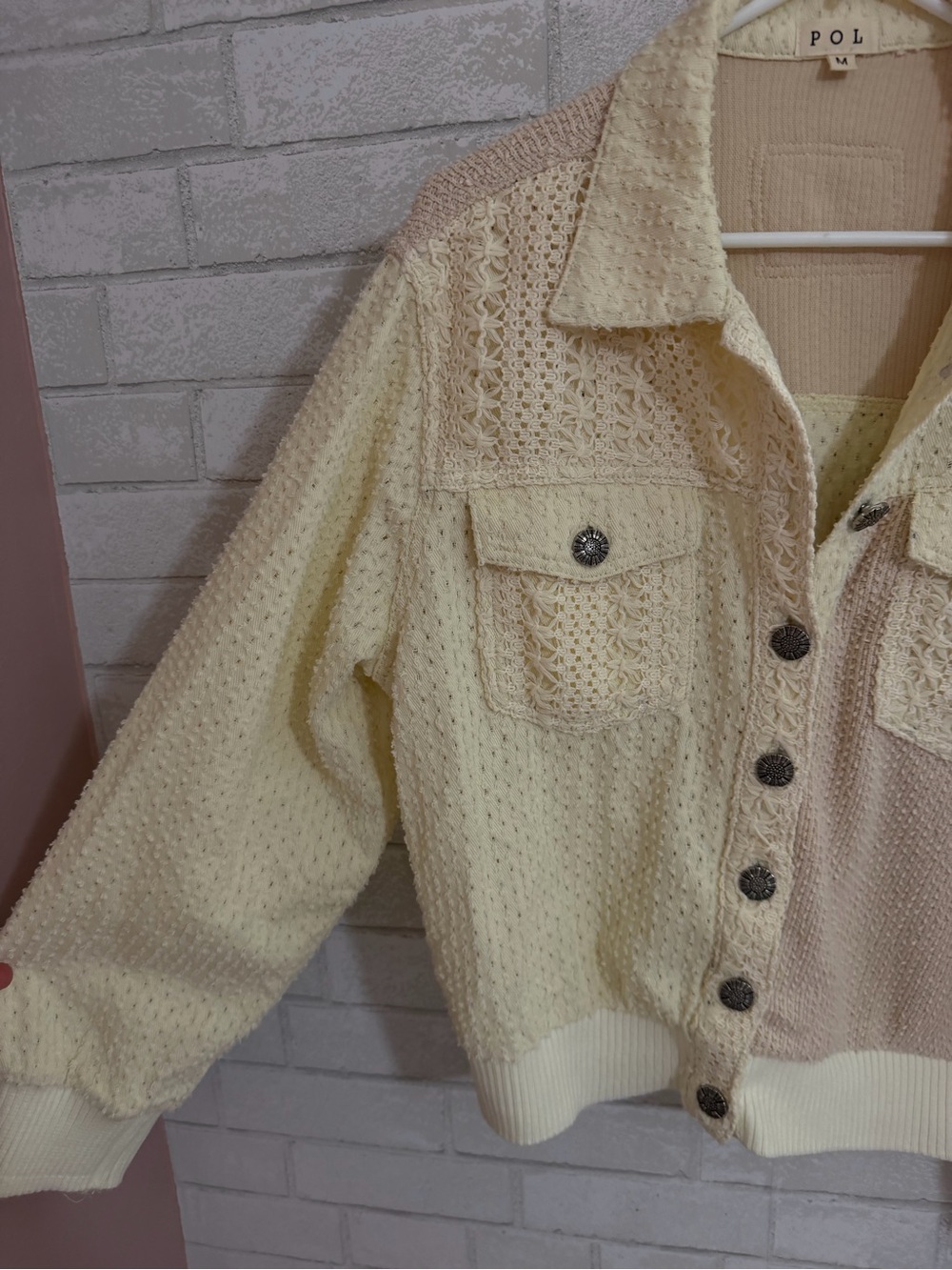 POL Two-Tone Cream & Beige Mixed-Knit Button Cardigan - Picture 4 of 6